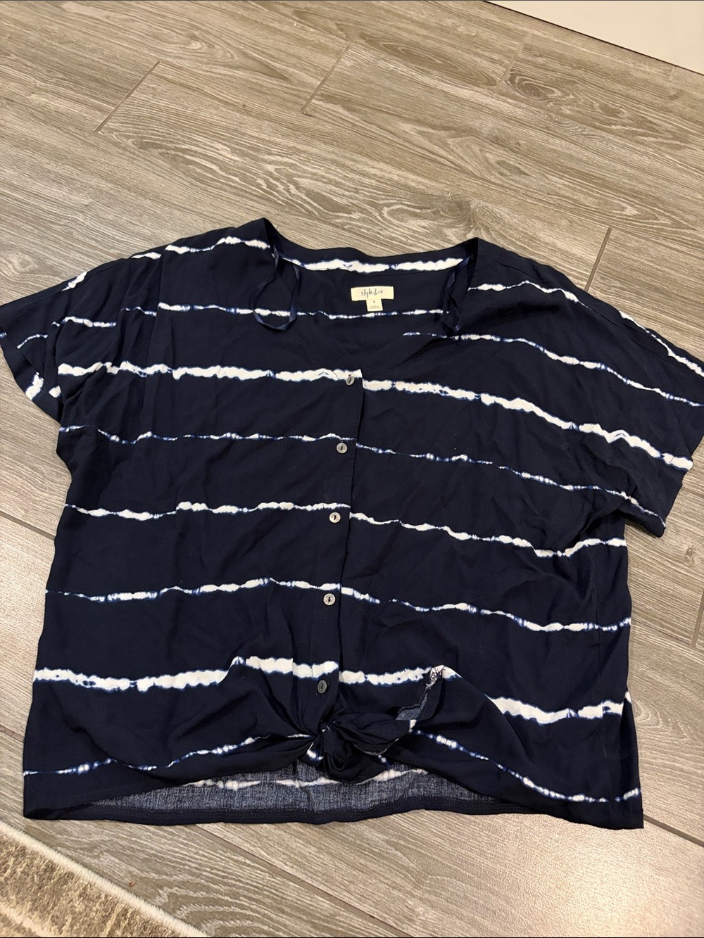 Style & Co. Navy and White Striped Tie-Front Button Blouse